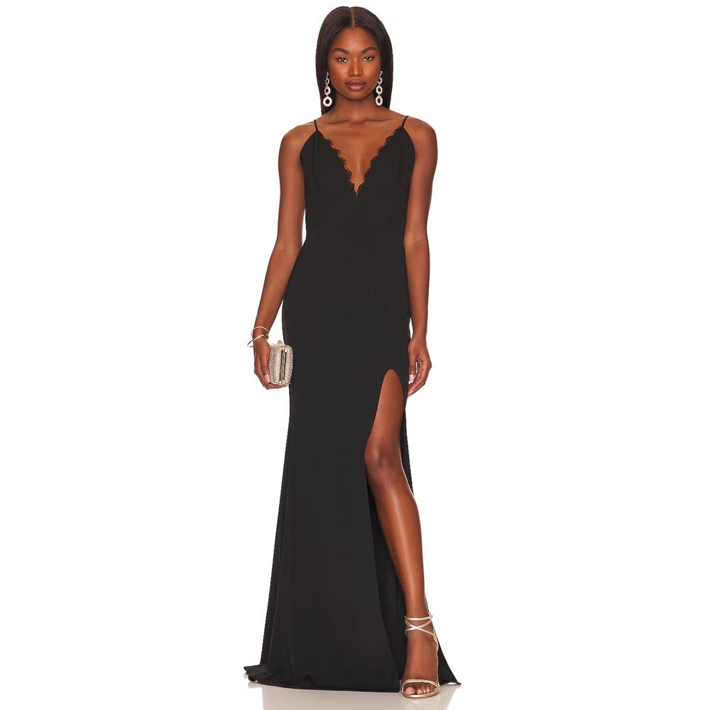 Katie May Saylor Feathered V-Neck Gown Black - Picture 2 of 8